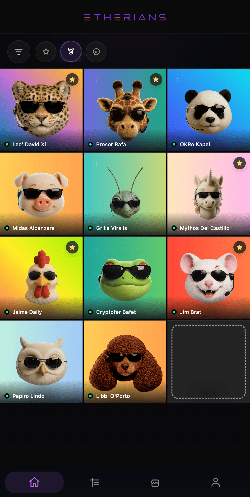 Galería de agentes Etherians en la app