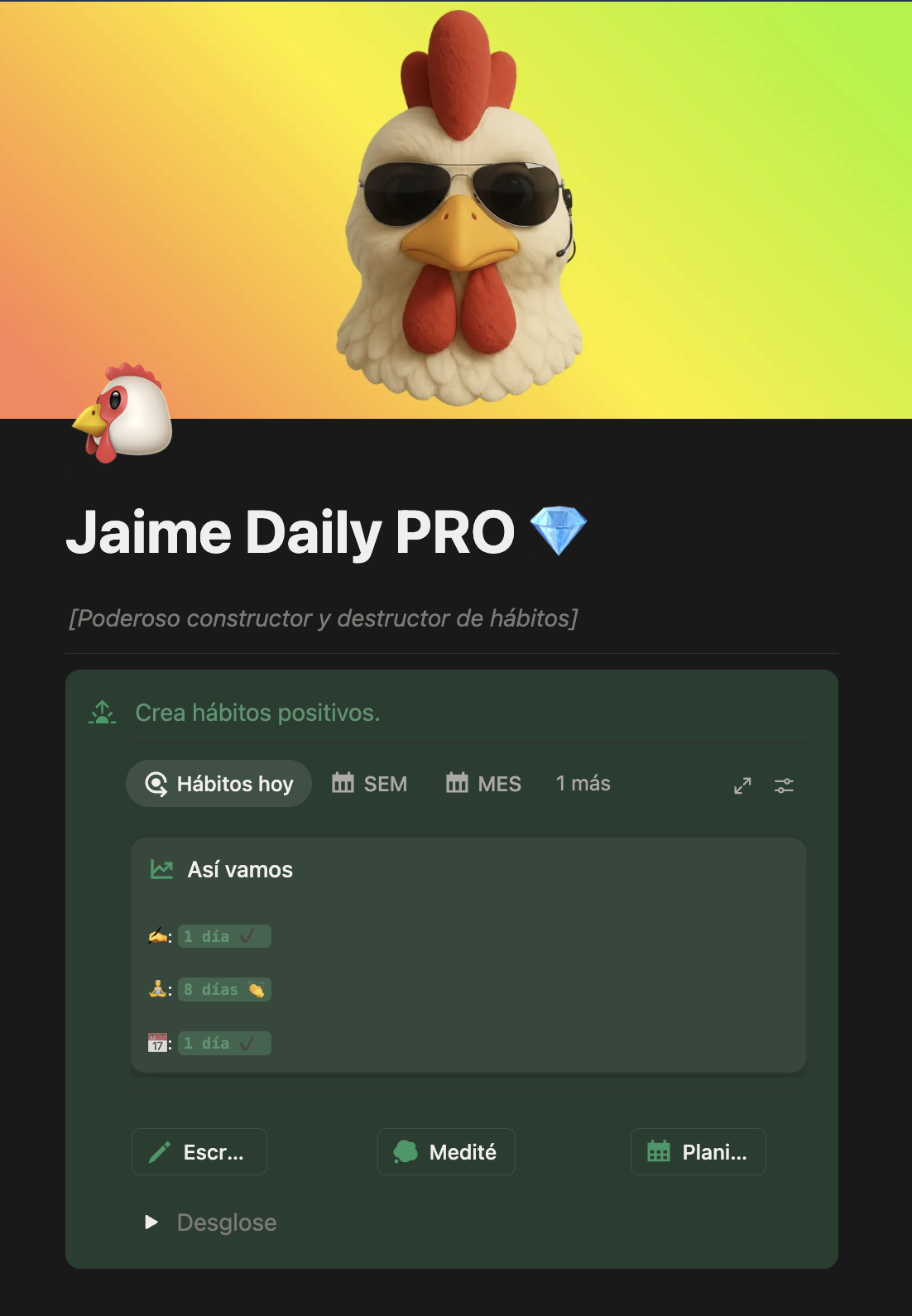 Vista diaria de hábitos en Jaime Daily