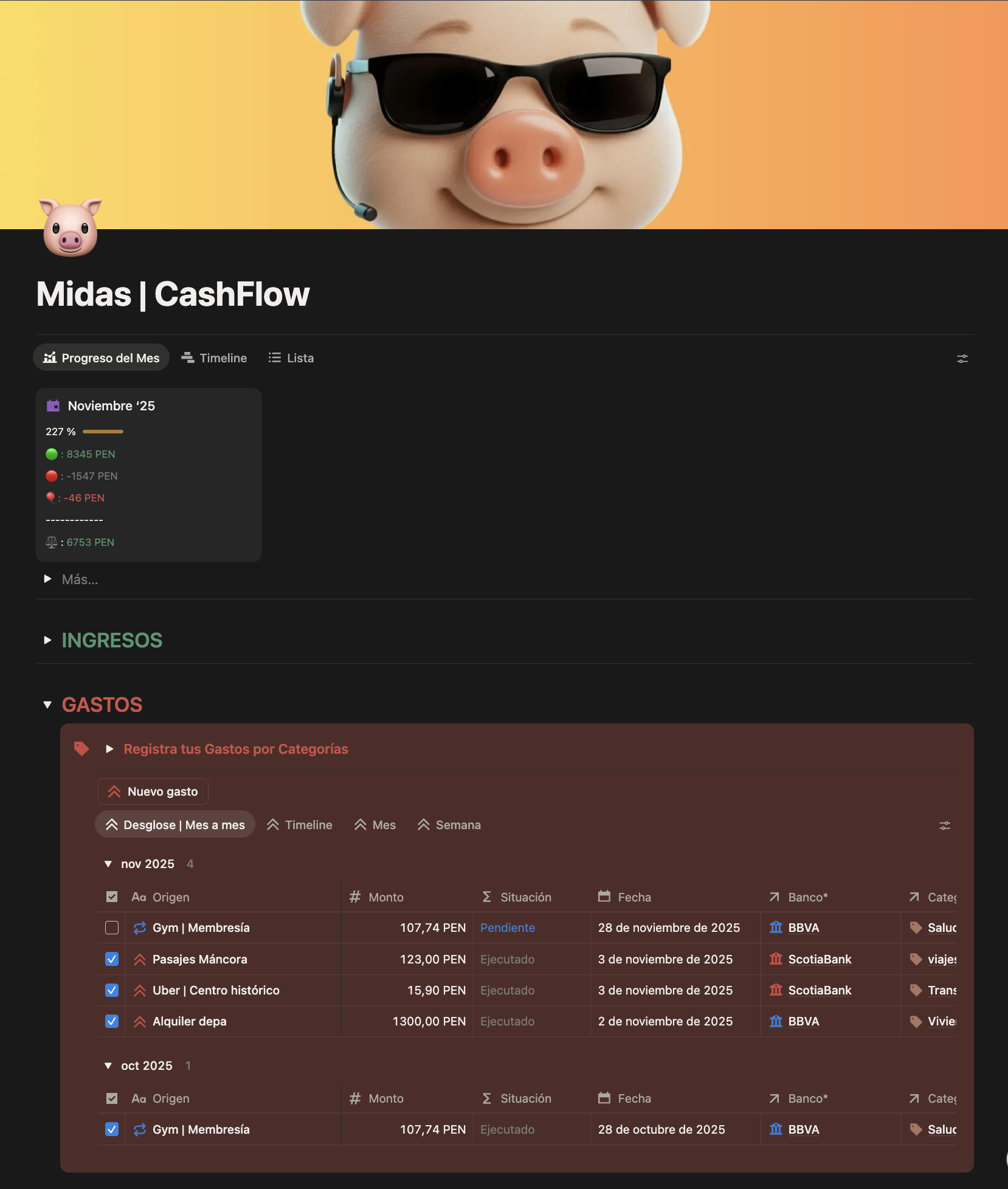 Panel financiero de Midas con análisis de gastos